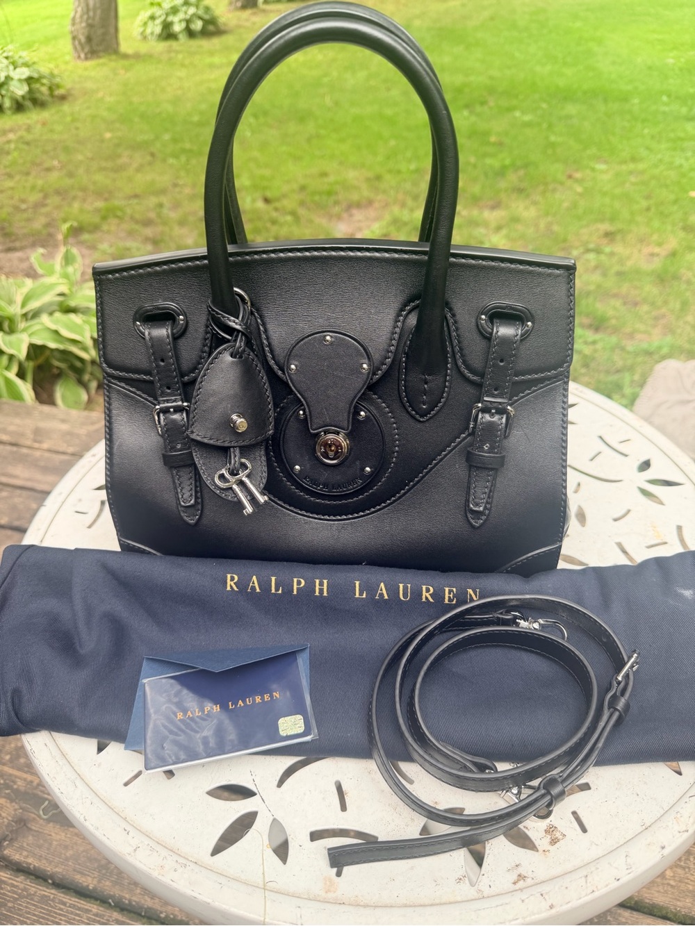 Ralph Lauren Black Leather Top-Handle Satchel with Key Charm